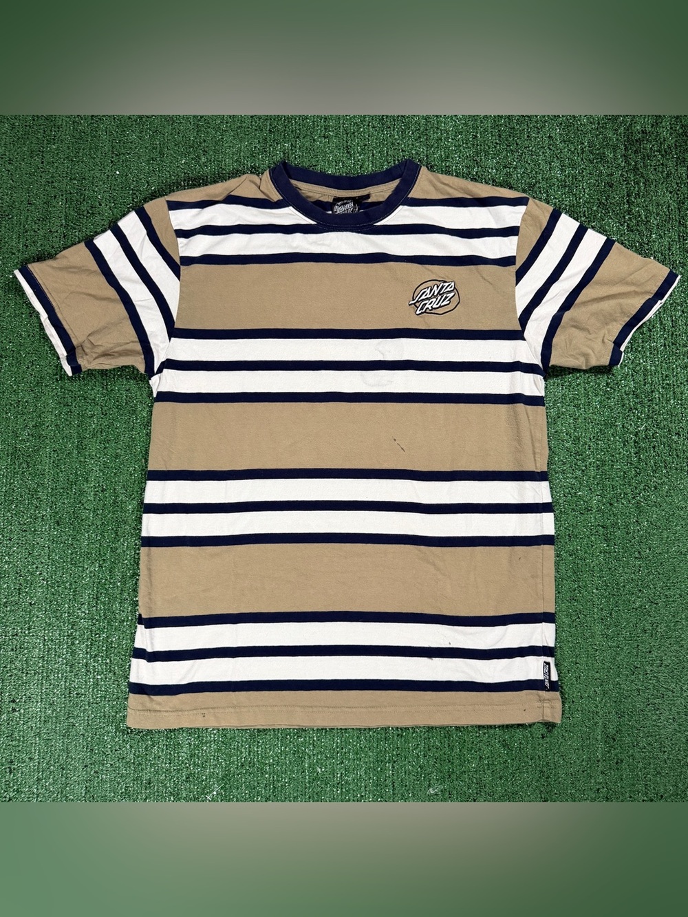 Santa Cruz Striped T-Shirt Size Medium Brown White Navy Blue